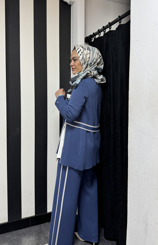 Miss Dalida Yanları Beyaz Bol Paça Pantolon İNDİGO - 4