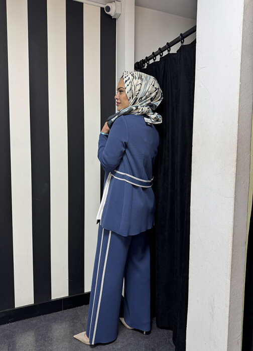 Miss Dalida Yanları Beyaz Bol Paça Pantolon İNDİGO - 5