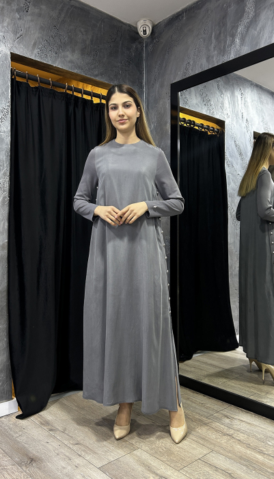 Miss Dalida Yanları Düğmeli Cupro Elbise ANTRASİT - 3