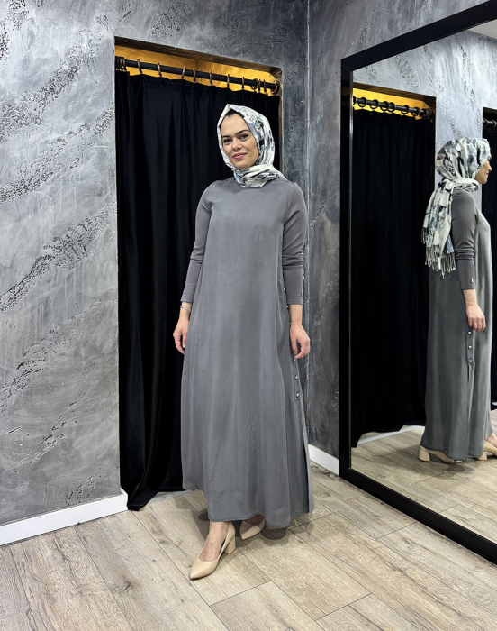 Miss Dalida Yanları Düğmeli Cupro Elbise ANTRASİT - 1