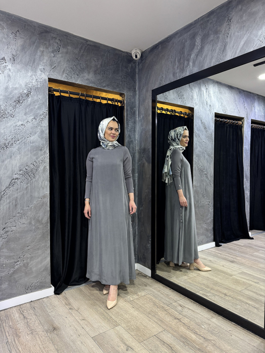 Miss Dalida Yanları Düğmeli Cupro Elbise ANTRASİT - 2