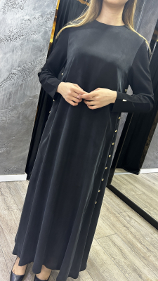 Miss Dalida Yanları Düğmeli Cupro Elbise SİYAH - 4