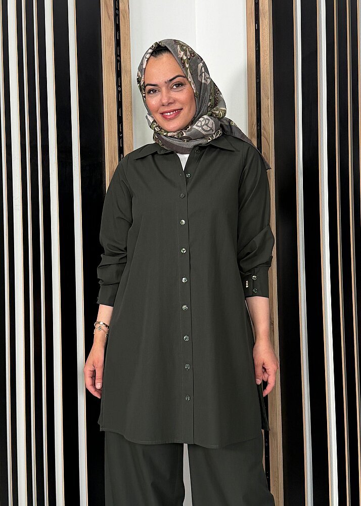 Miss Dalida Yanları Yırtmaçlı Düz Renk Poplin Gömlek KHAKİ (1)