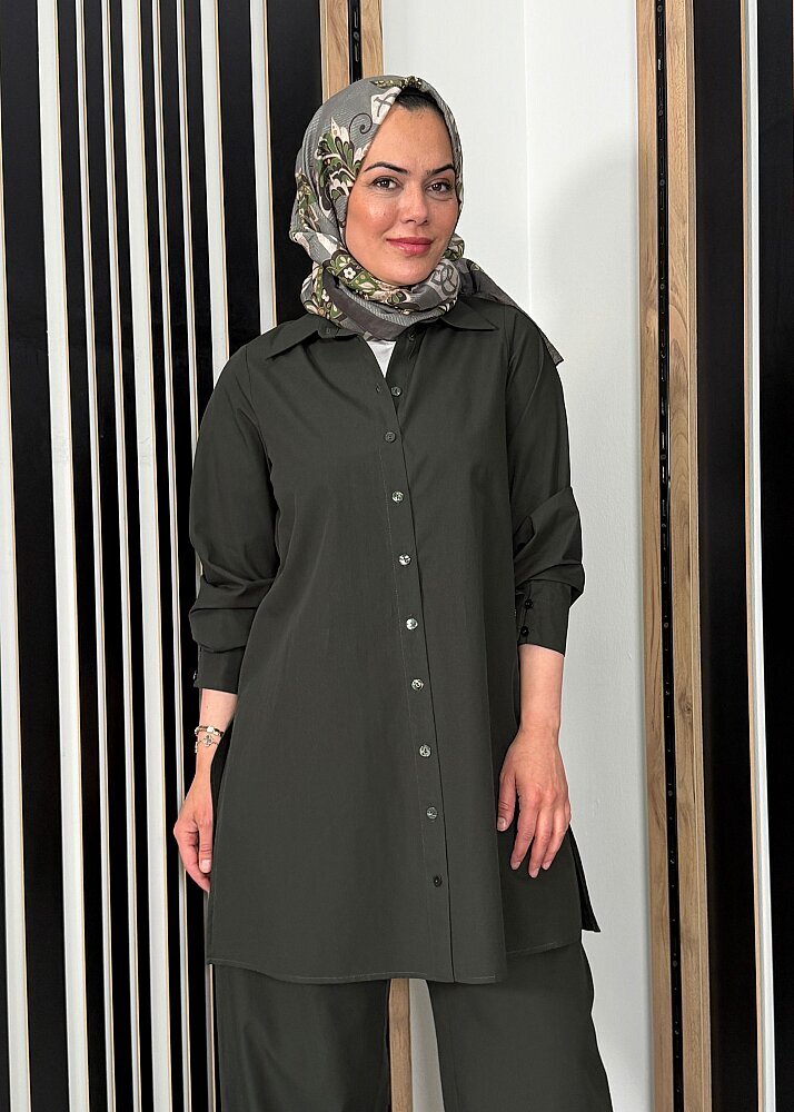 Miss Dalida Yanları Yırtmaçlı Düz Renk Poplin Gömlek KHAKİ - 4
