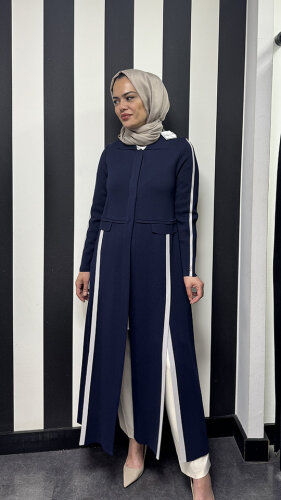 Miss Dalida Yırtmaç Detaylı Uzun Triko Hırka Navy Blue 