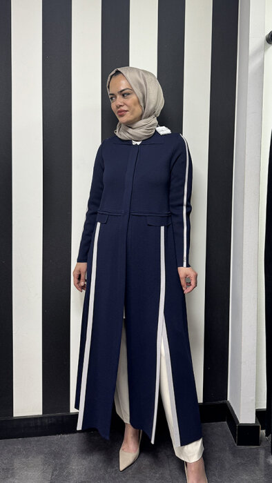 Miss Dalida Yırtmaç Detaylı Uzun Triko Hırka Navy Blue - 1
