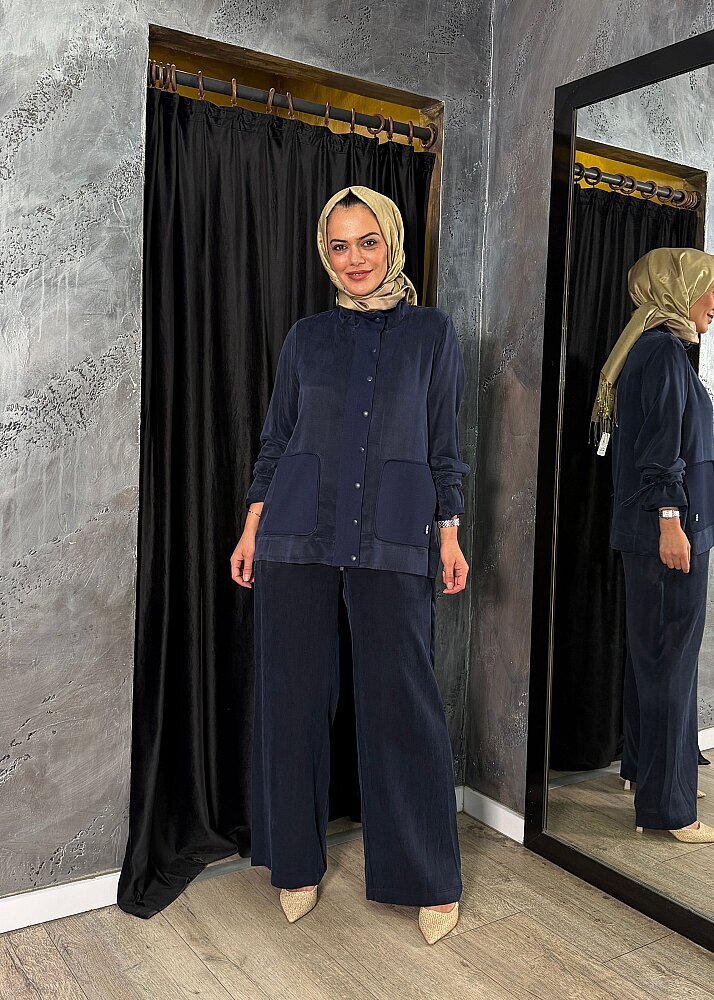 Miss Dalida Yüksek Yaka Cepli Minimal Ceket Navy - 2