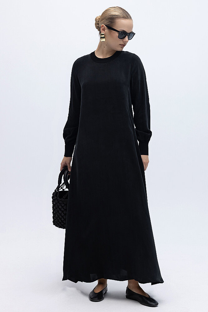 Miss Dalida Yuvarlak Yaka Cupro Uzun Elbise BLACK