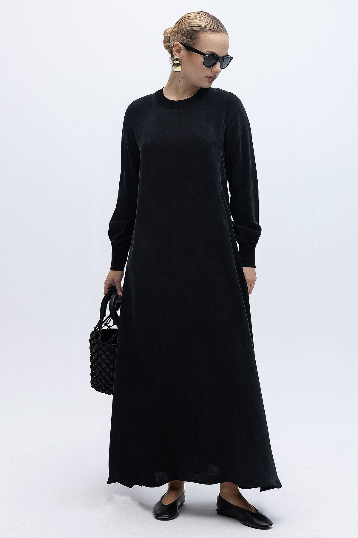Miss Dalida Yuvarlak Yaka Cupro Uzun Elbise BLACK - 1