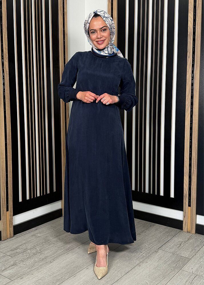 Miss Dalida Yuvarlak Yaka Cupro Uzun Elbise Dark Navy 