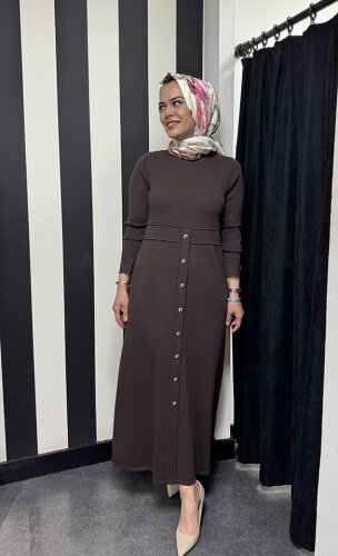 Miss Dalida Yuvarlak Yaka Fitil Detaylı Elbise Cacao - MİSS DALİDA