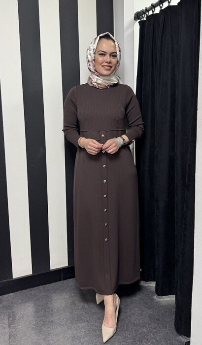 Miss Dalida Yuvarlak Yaka Fitil Detaylı Elbise Cacao - 5