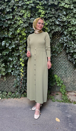 Miss Dalida Yuvarlak Yaka Fitil Detaylı Elbise olive 