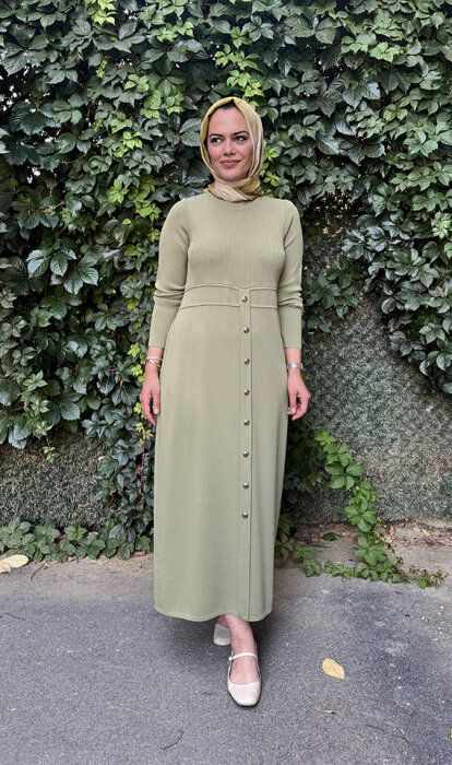 Miss Dalida Yuvarlak Yaka Fitil Detaylı Elbise olive - 2