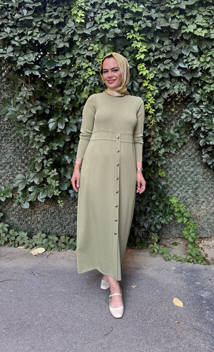 Miss Dalida Yuvarlak Yaka Fitil Detaylı Elbise olive - 3