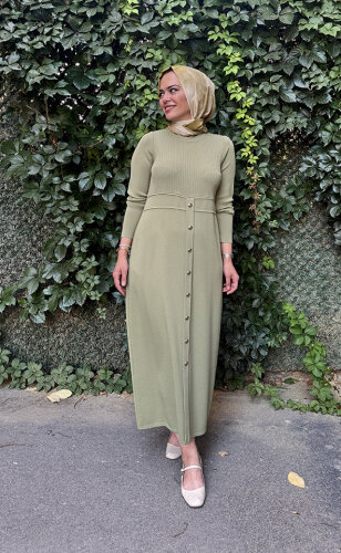 Miss Dalida Yuvarlak Yaka Fitil Detaylı Elbise olive - 4