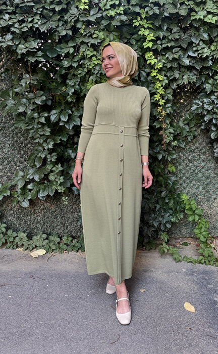 Miss Dalida Yuvarlak Yaka Fitil Detaylı Elbise olive - 4