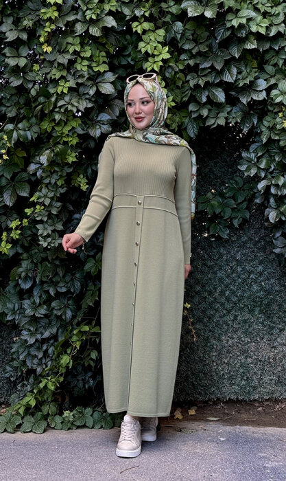 Miss Dalida Yuvarlak Yaka Fitil Detaylı Elbise olive - 5