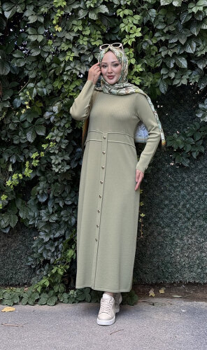 Miss Dalida Yuvarlak Yaka Fitil Detaylı Elbise olive - 6