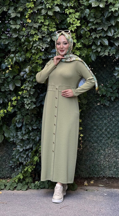 Miss Dalida Yuvarlak Yaka Fitil Detaylı Elbise olive - 7