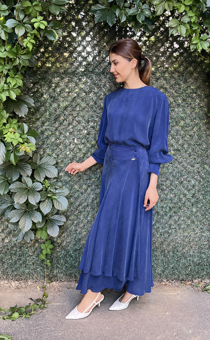 Miss Dalida Yuvarlak Yaka Klasik Kesim Cupro Tunik Navy Blue - 3