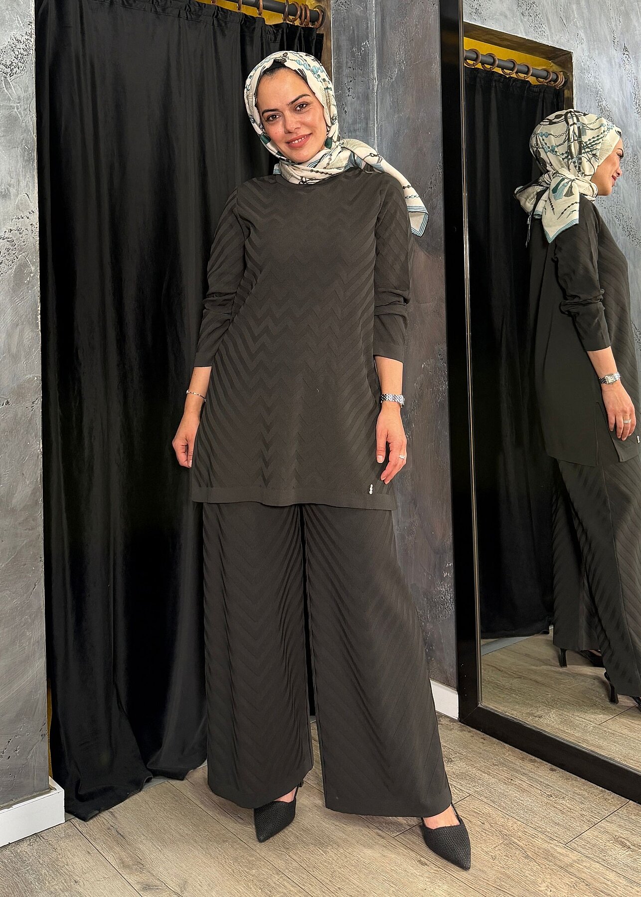 Miss Dalida Zigzag Desenli Bol Paça Pantolon KHAKİ - 7