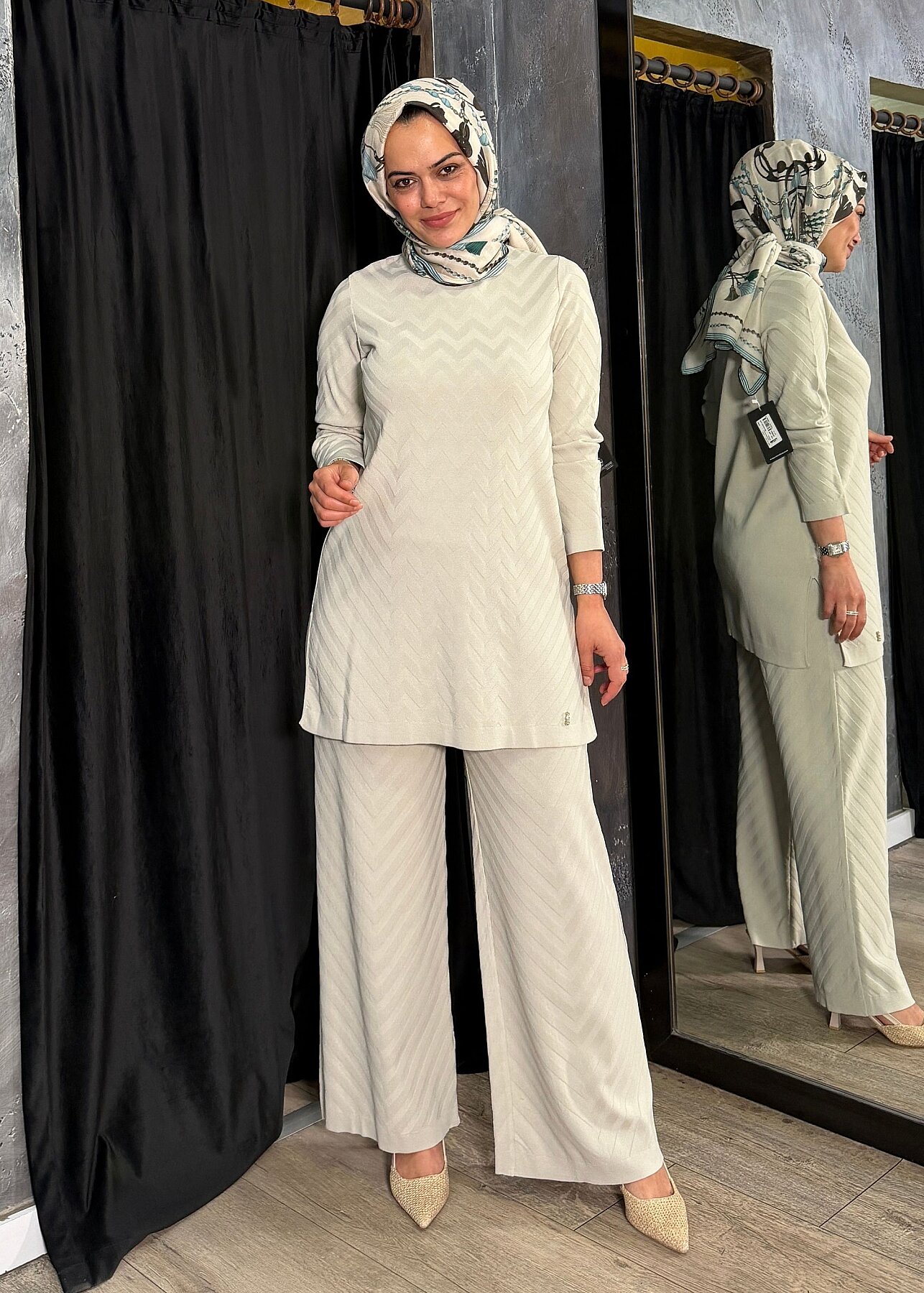 Miss Dalida Zigzag Desenli Bol Paça Pantolon Stone - 2