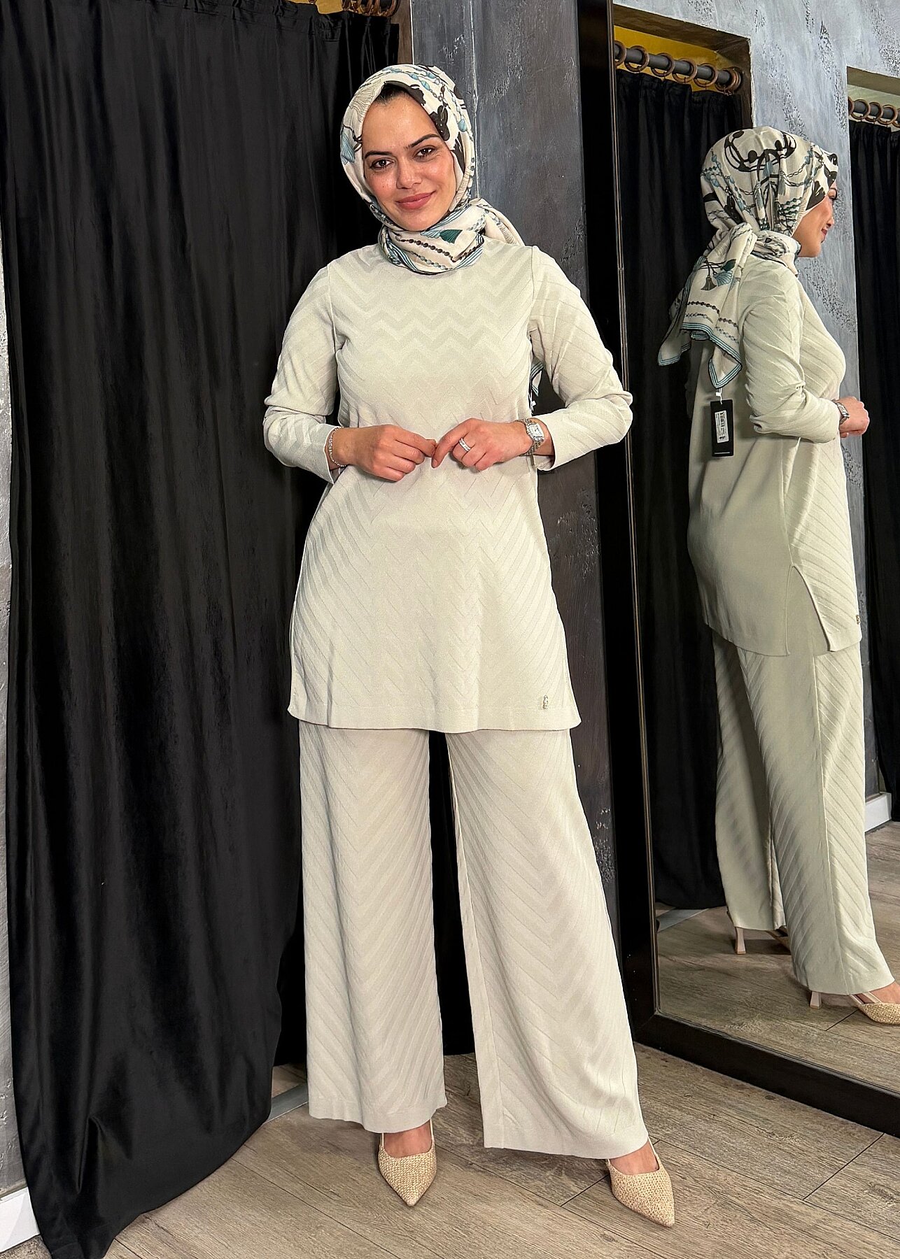 Miss Dalida Zigzag Desenli Bol Paça Pantolon Stone - 3