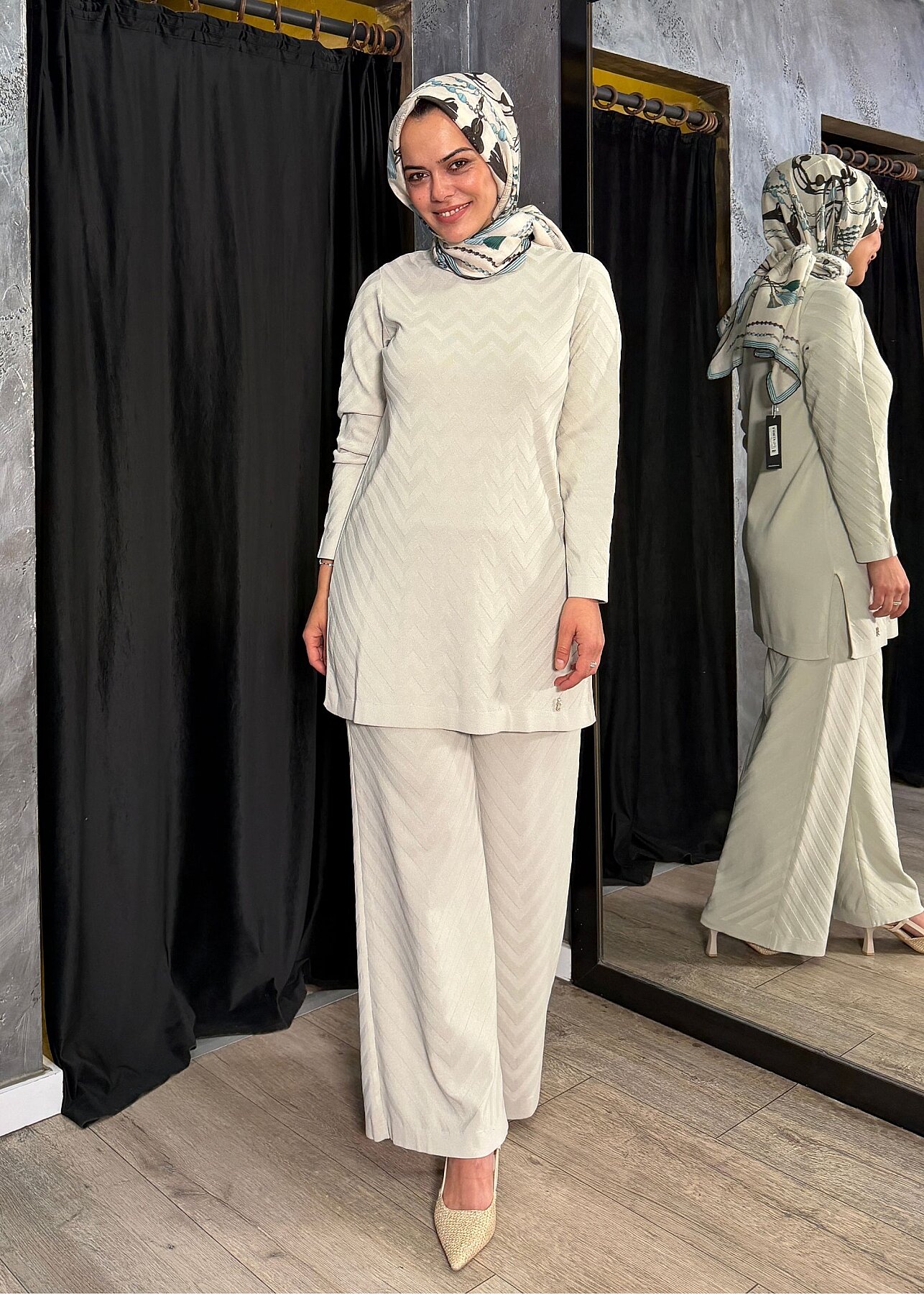 Miss Dalida Zigzag Desenli Bol Paça Pantolon Stone - 5