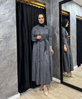 MissWhence Kolları Fermuar Detaylı Kuşaklı Pardesü GRİ 