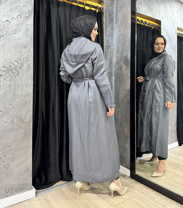 MissWhence Kolları Fermuar Detaylı Kuşaklı Pardesü GRİ - 3