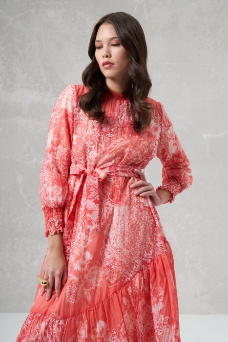 MissWhence Kolları Lastikli Güllü Elbise PEMBE - 3