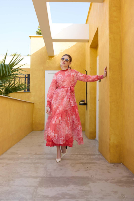 MissWhence Kolları Lastikli Güllü Elbise PEMBE - 6