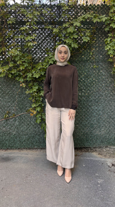 MissWhence Omuzu Ekli İpek Tunik KAHVE - 1