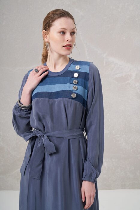 MissWhence Önü Düğme Detaylı İpek Elbise GRİ - 3