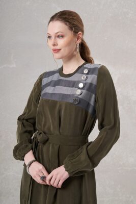 MissWhence Önü Düğme Detaylı İpek Elbise HAKİ - 3