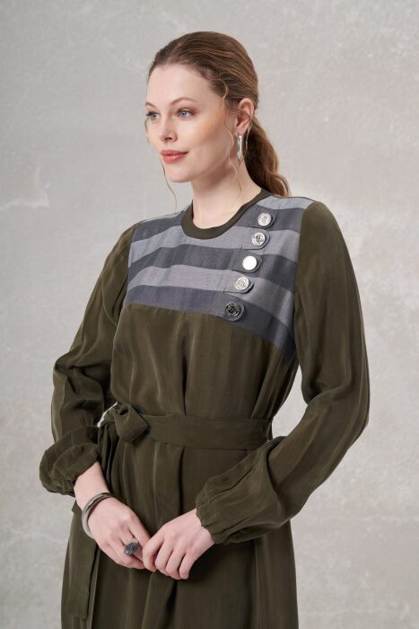 MissWhence Önü Düğme Detaylı İpek Elbise HAKİ - 3