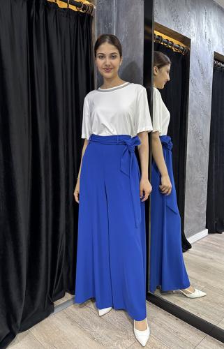 MissWhence Saks Beli Kuşaklı Bol Paça Pantolon SAKS - 1
