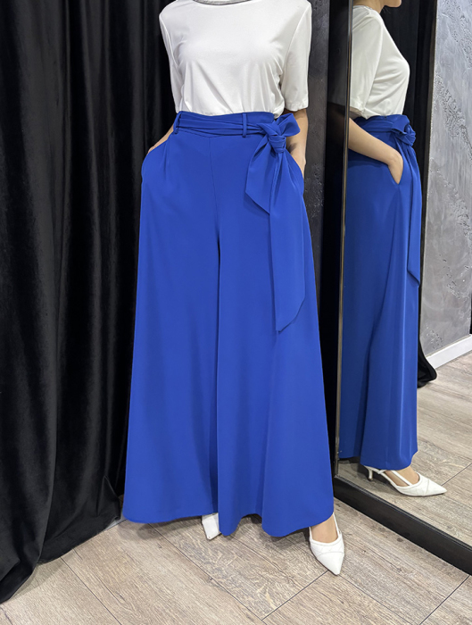MissWhence Saks Beli Kuşaklı Bol Paça Pantolon SAKS - 2