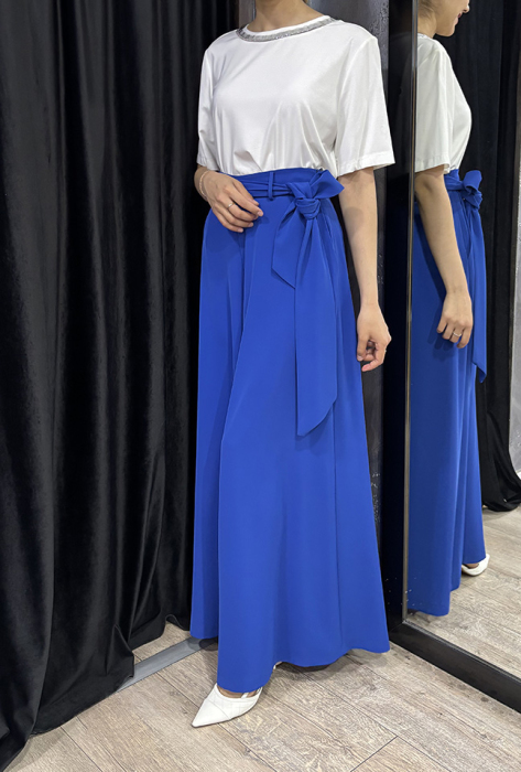 MissWhence Saks Beli Kuşaklı Bol Paça Pantolon SAKS - 3