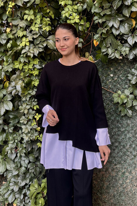 MissDalida Asimetrik Kesim Triko Tunikli Gömlek Black/Ecru - 1