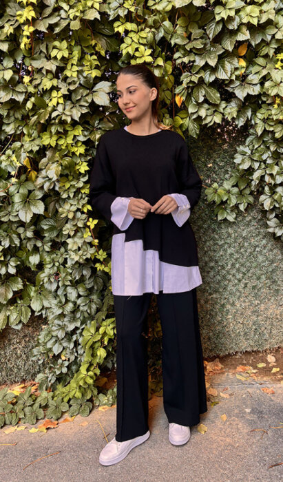 MissDalida Asimetrik Kesim Triko Tunikli Gömlek Black/Ecru - 3