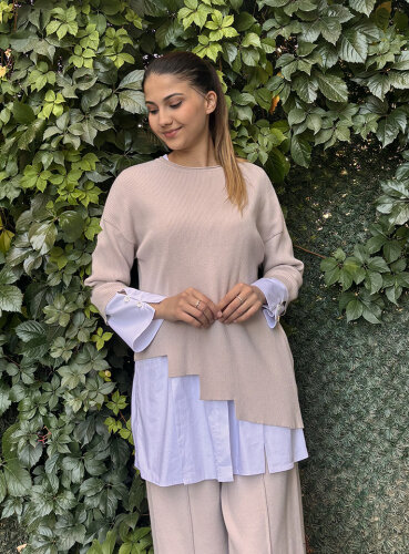 MissDalida Asimetrik Kesim Triko Tunikli Gömlek Stone 