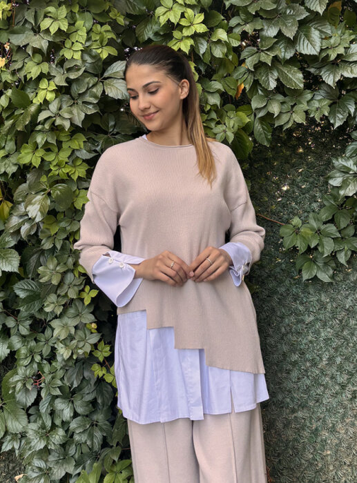 MissDalida Asimetrik Kesim Triko Tunikli Gömlek Stone - 1