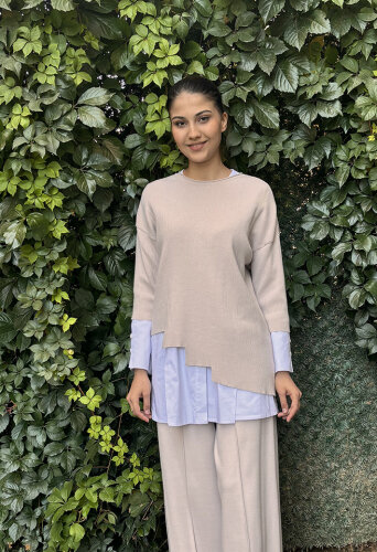 MissDalida Asimetrik Kesim Triko Tunikli Gömlek Stone - 2