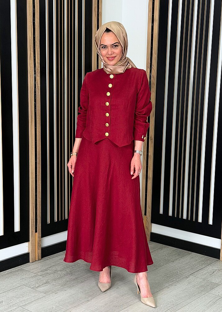 MissDalida Beli Lastikli Rahat Kesim Keten Etek Cherry