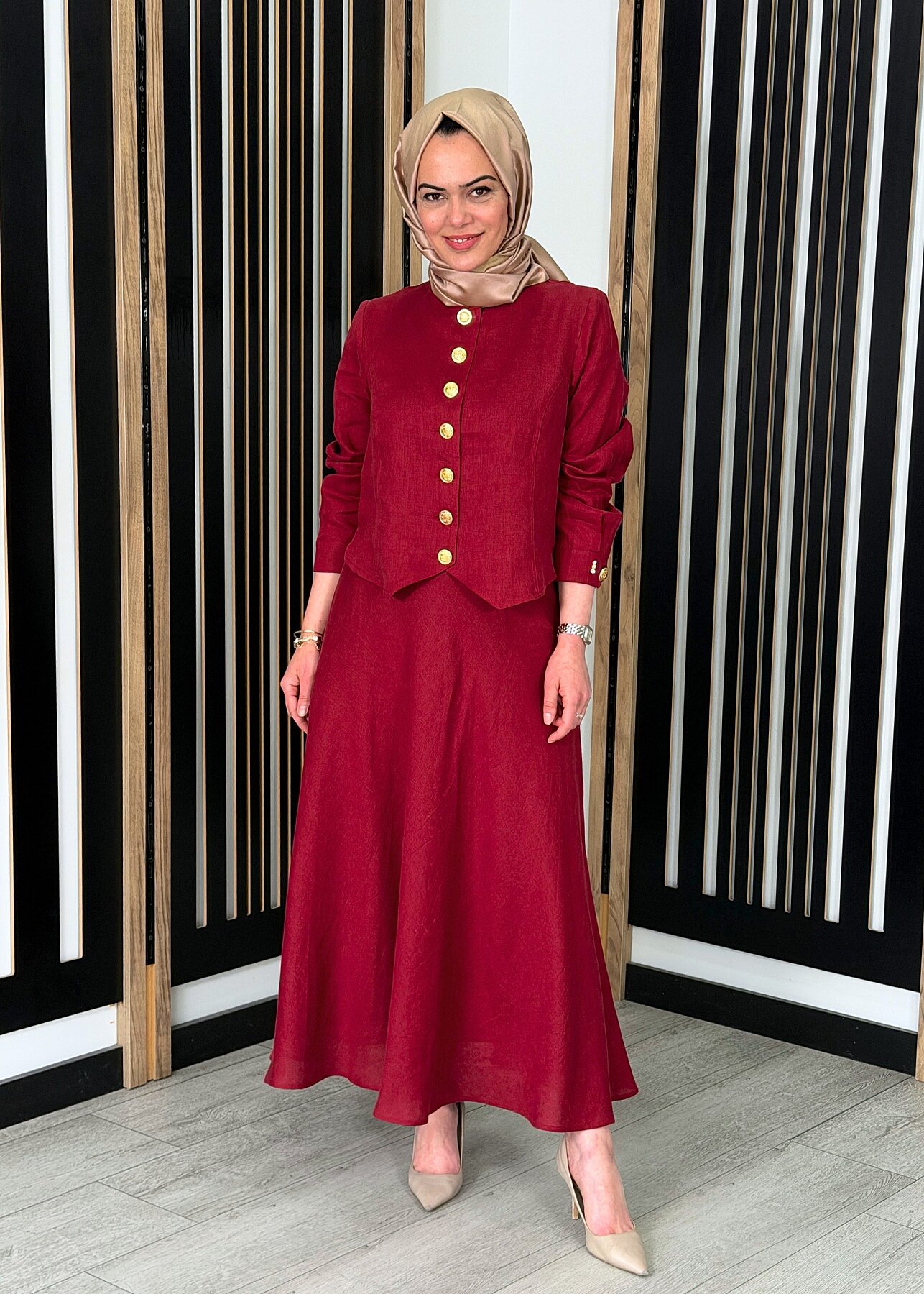 MissDalida Beli Lastikli Rahat Kesim Keten Etek Cherry - 1
