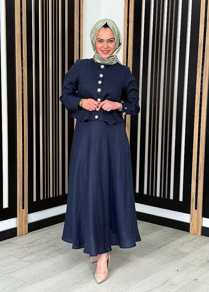 MissDalida Beli Lastikli Rahat Kesim Keten Etek Dark Navy (1)