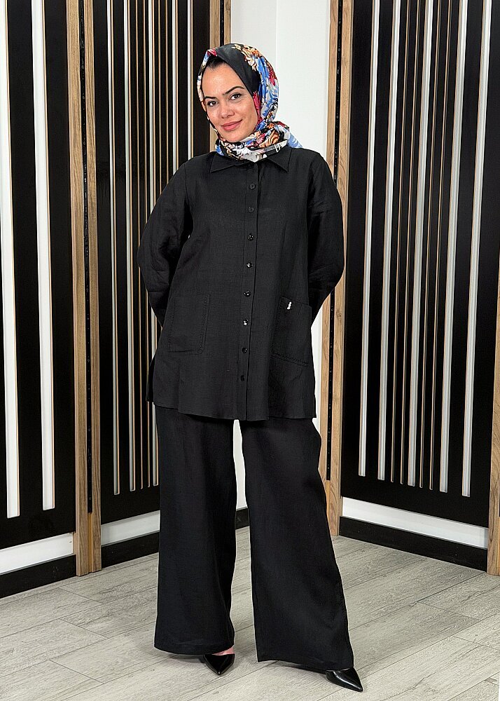 MissDalida Bol Paça İpek Keten Pantolon BLACK