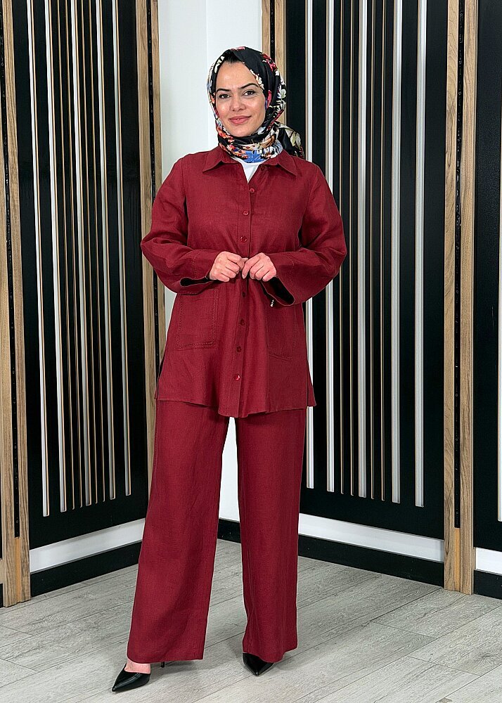 MissDalida Bol Paça İpek Keten Pantolon Cherry